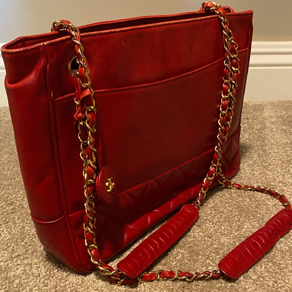 Vintage CHANEL red calfskin classic shoulder tote bag with gold tone chains
